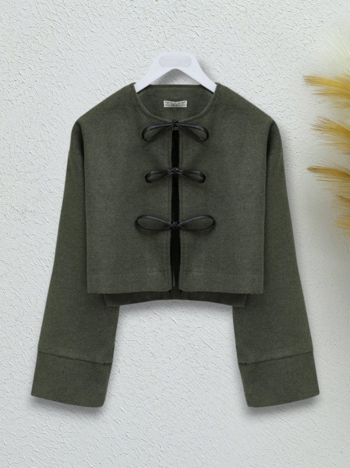 Önü Bağcıklı Kaşe Ceket -Haki