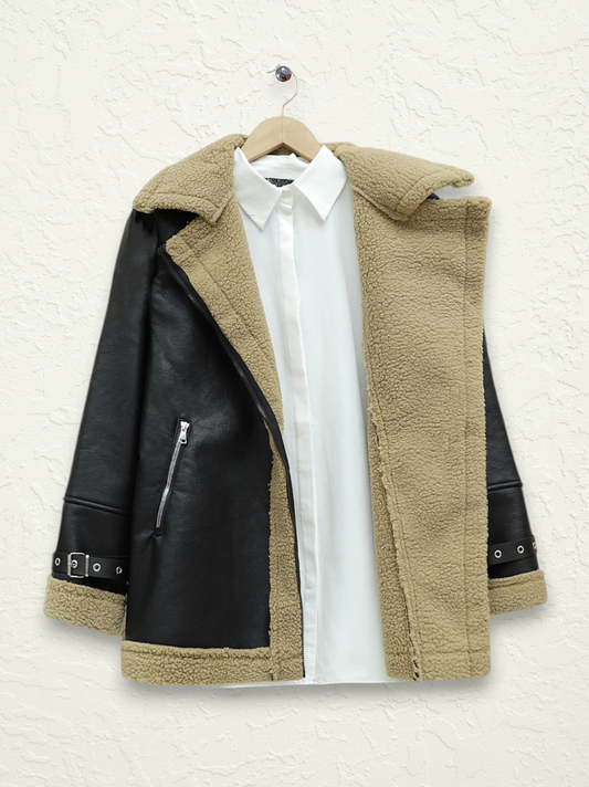 Fermuarlı İçi Peluşlu Deri Ceket -Açık Kahve