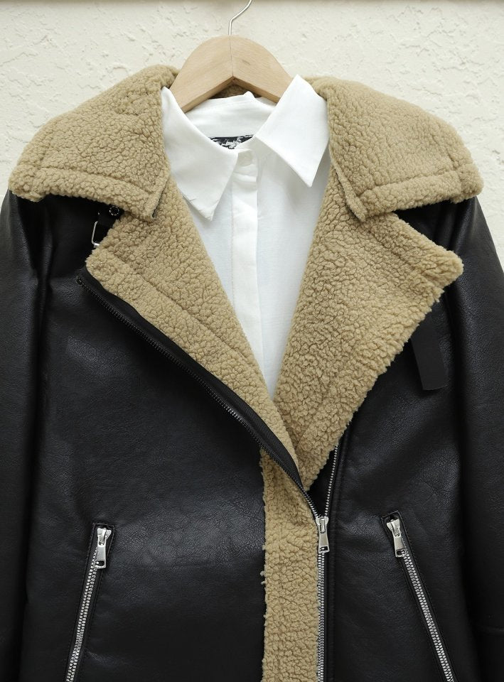 Fermuarlı İçi Peluşlu Deri Ceket -Açık Kahve