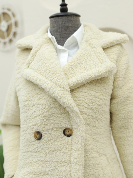 Çift Düğmeli Astarlı Yan Cepli Peluş Kaban -Açık Vizon