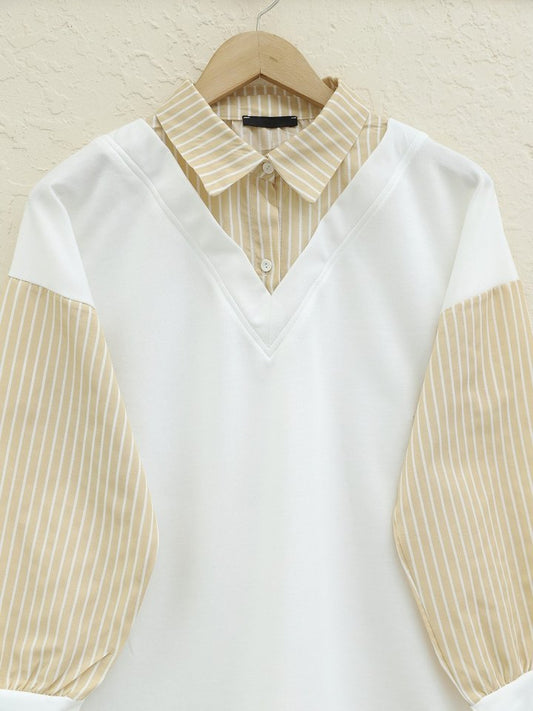 Çizgili Gömlek Detaylı Sweat Tunik -Açık Vizon