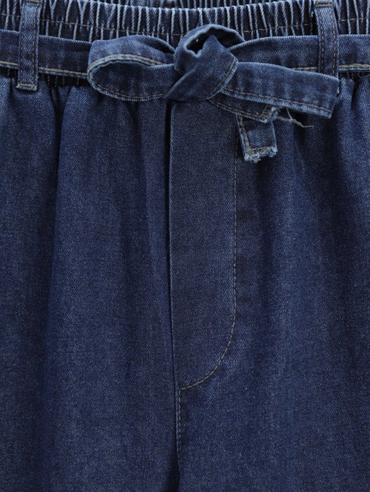 Bol Paça Beli Lastikli Kuşaklı Kot Pantolon -İndigo