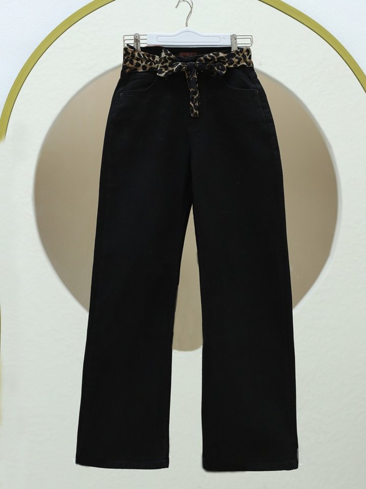 Fular Detaylı Palazzo Kot Pantolon -Siyah