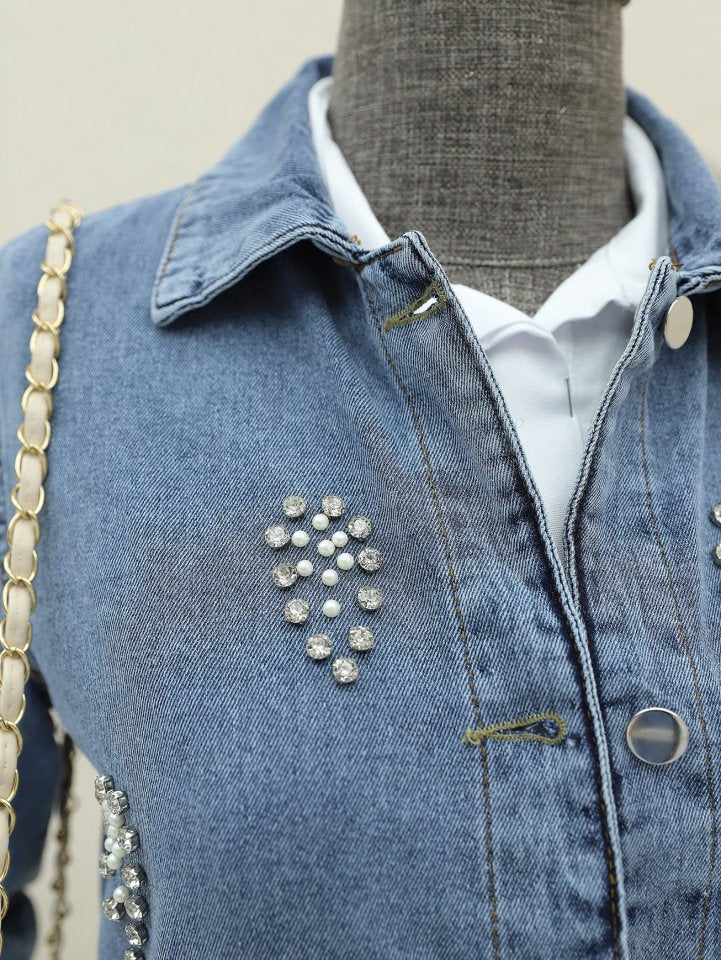 Küme Taş Detaylı Düğmeli Kot Ceket -Buz Mavi