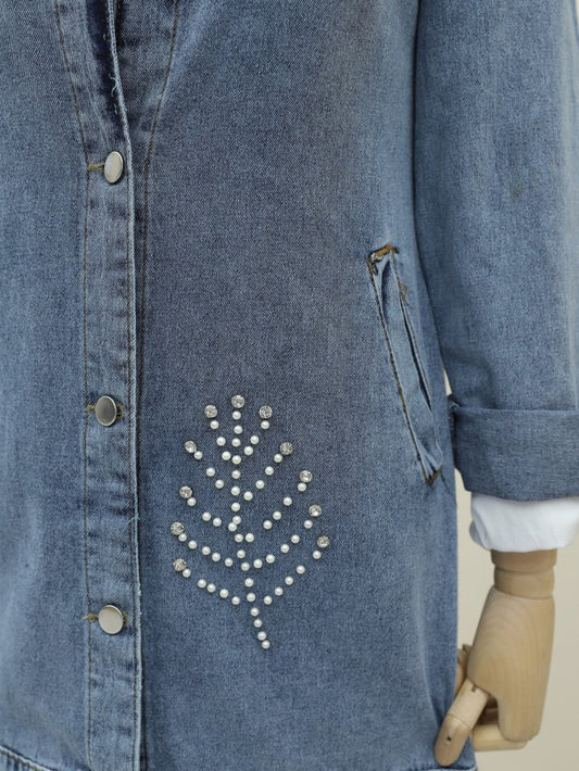 Yaprak Taş Detaylı Kot Ceket -Buz Mavi