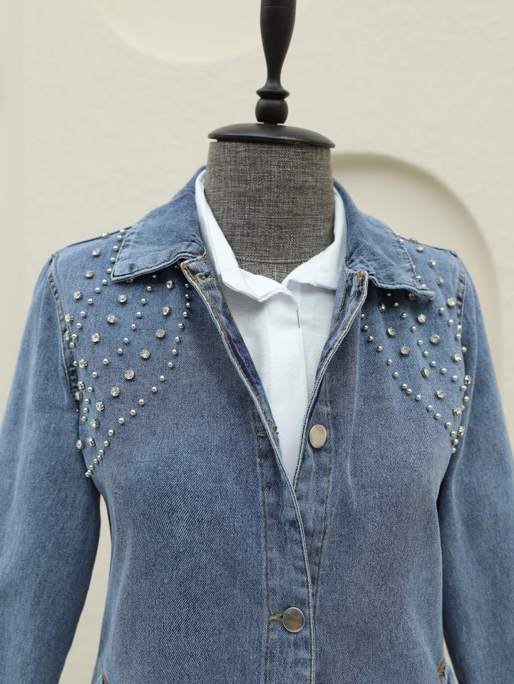 Büyük Taş Detaylı Düğmeli Cepli Kot Ceket -Buz Mavi