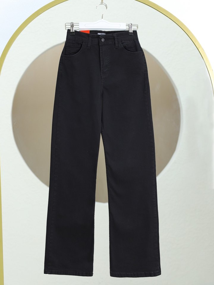 Çok Cepli Yüksek Bel Kot Pantolon -Siyah