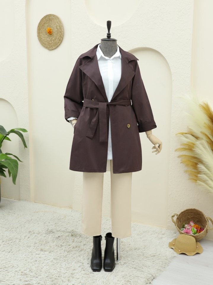 Bolero Detaylı Düğmeli Ara Boy Trençkot -Mürdüm