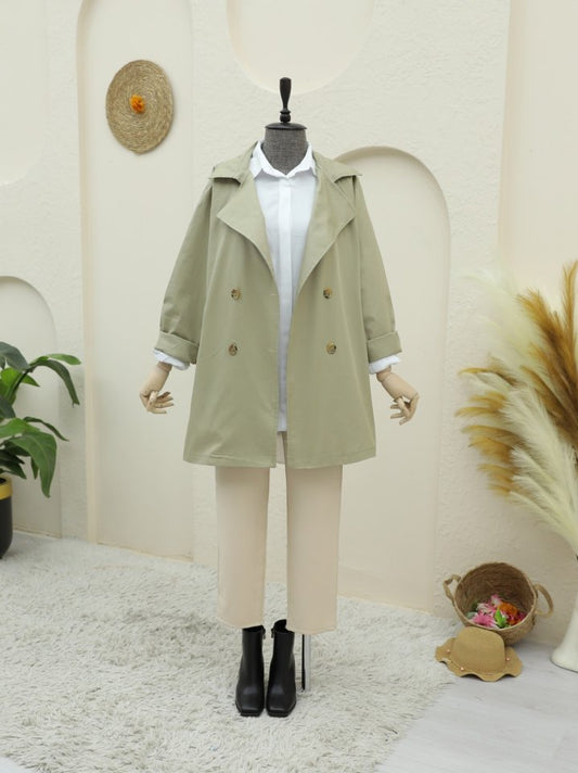 Bolero Detaylı Düğmeli Ara Boy Trençkot -Taş