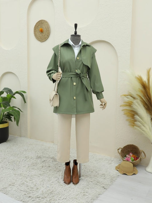 Broş Düğmeli Çift Düğmeli Kemerli Trençkot -Haki