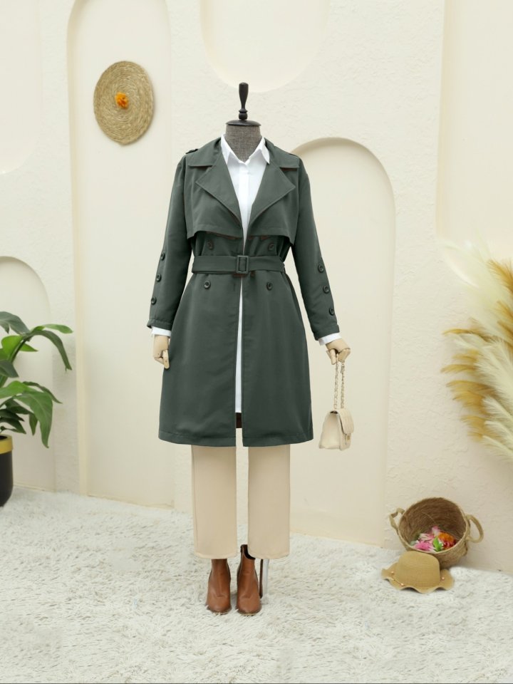 İç Astarlı Düğmeli Kemerli Trençkot -Haki