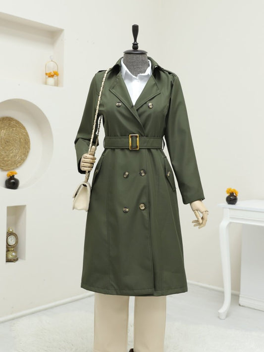 Düğmeli Kemerli Ara Boy Trençkot -Haki