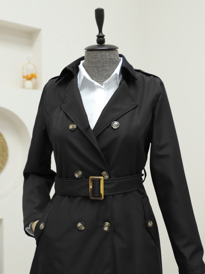 Düğmeli Kemerli Ara Boy Trençkot -Siyah