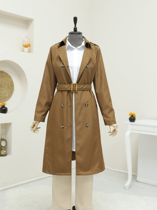 Düğmeli Kemerli Ara Boy Trençkot -Taba