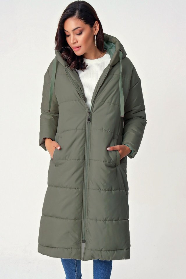 Sabit Kapşonlu Kuş Gözü Detaylı Uzun Kaban -Haki