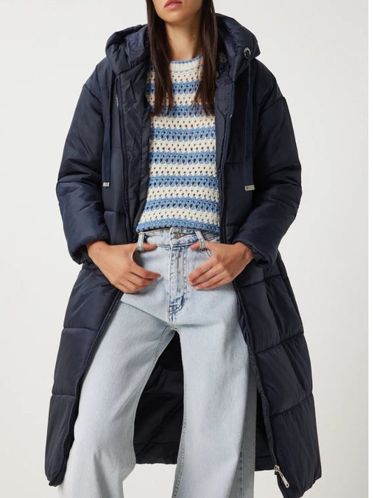 Sabit Kapşonlu Kuş Gözü Detaylı Uzun Kaban -Laci