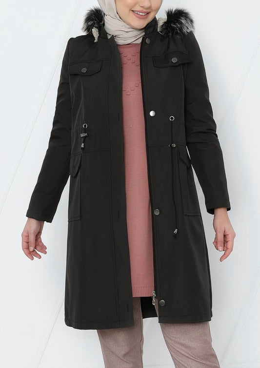 Çıkma Kapşonlu Bağcıklı Bondit Kısa Kaban -Siyah