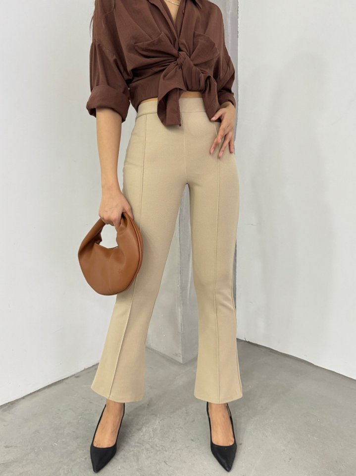 Beli Lastikli Likralı İspanyol Pantolon -Bej