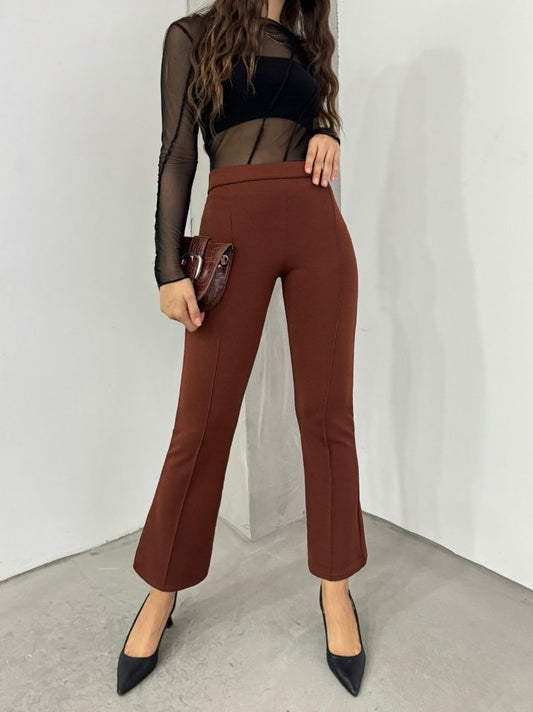 Beli Lastikli Likralı İspanyol Pantolon -Kahve