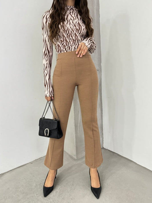 Beli Lastikli Likralı İspanyol Pantolon -Vizon