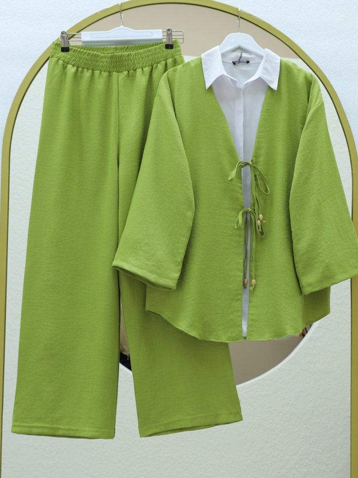 Önü Çift Bağlamalı Pantolonlu Kimono Takım -Yağ Yeşili
