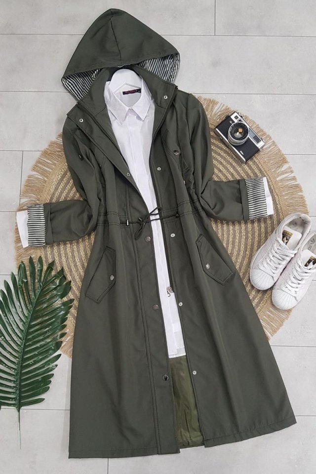 Astarı Çizgili Trençkot -Haki