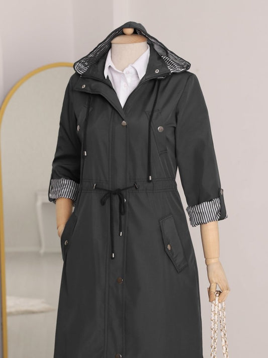 Astarı Çizgili Trençkot -Siyah