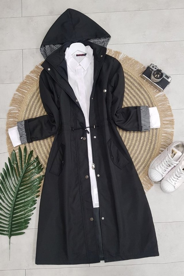 Astarı Çizgili Trençkot -Siyah
