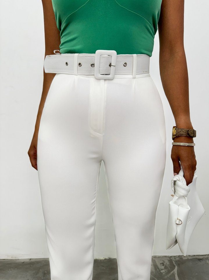 Kalın Kemerli Kumaş Pantalon -Ekru