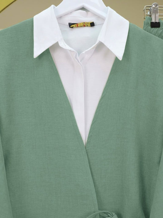 Önden Bağlamalı Pantolonlu Kimono Takım-Mint