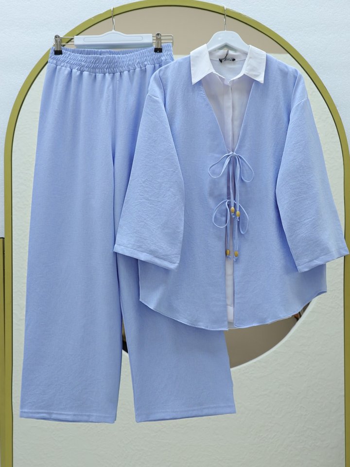 Önü Çift Bağlamalı Pantolonlu Kimono Takım -Bebe Mavi