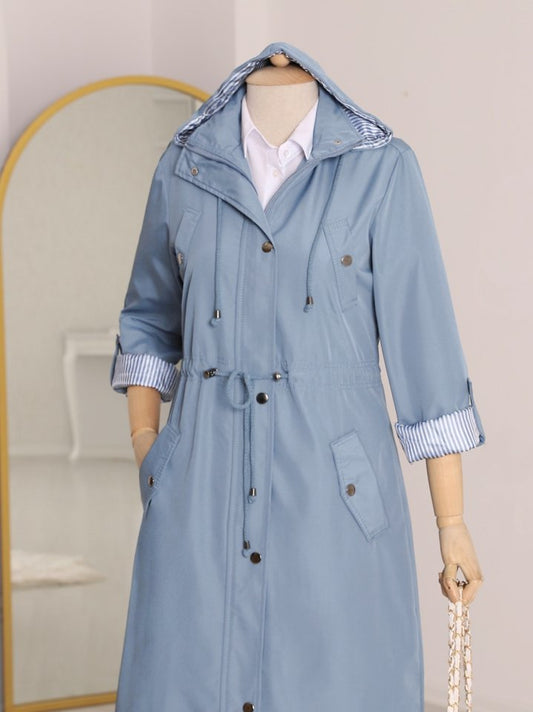 Astarı Çizgili Trençkot -Mavi