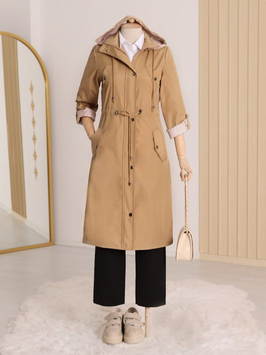 Astarı Çizgili Trençkot -Vizon