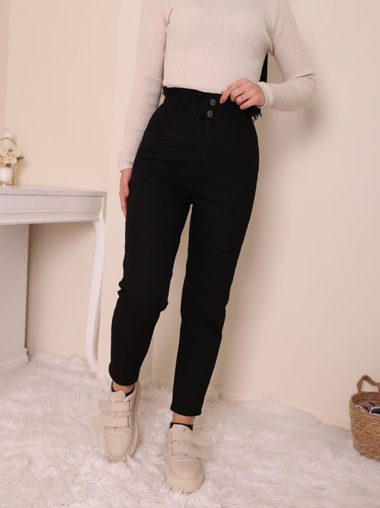 Beli Lastikli Yüksek Bel Kot Pantolon -Siyah