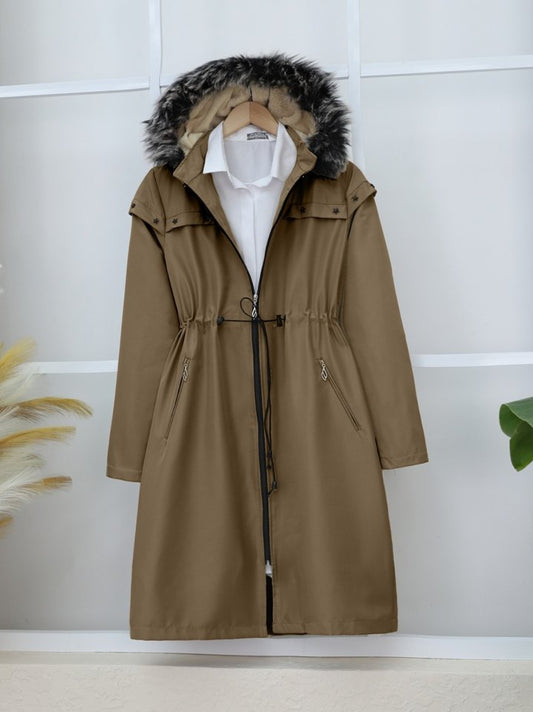 Çıkma Kapşonlu Yıldız Metal Detaylı Kaban -Taba