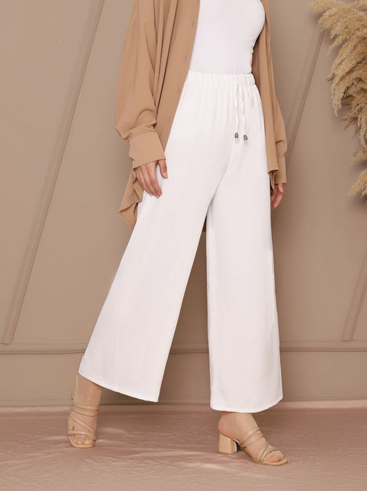 Bağcık Detaylı Bol Paça Beli Lastikli Pantolon -Beyaz