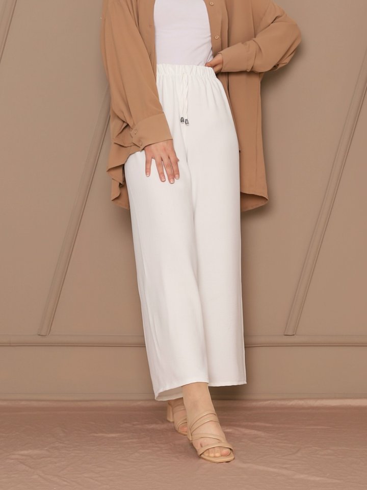 Bağcık Detaylı Bol Paça Beli Lastikli Pantolon -Beyaz