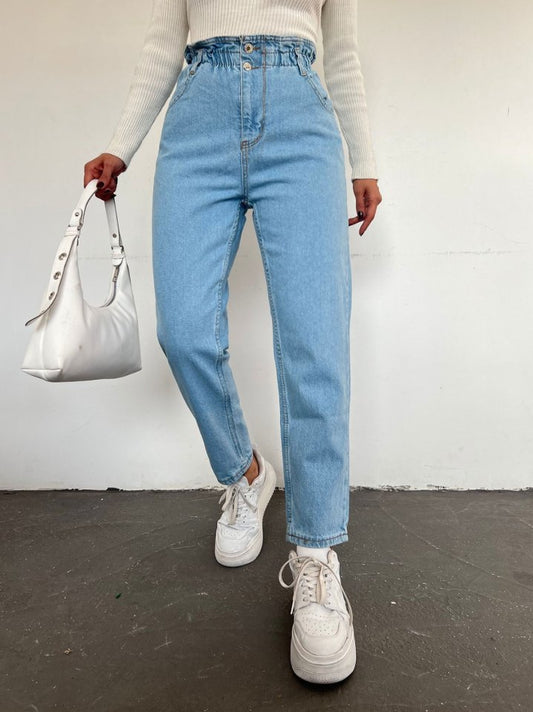 Beli Lastikli Yüksek Bel Kot Pantolon -Açık Mavi