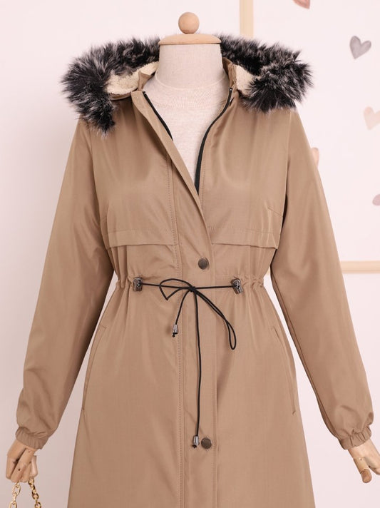 Çıkma Kapşonlu Tünel Bağcıklı Bondit Kaban -Açık Vizon