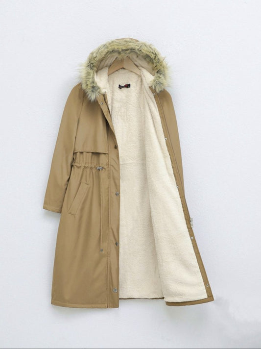 İçi Peluşlu Sabit Kapşonlu Tünel Bağcıklı Uzun Mont -Vizon