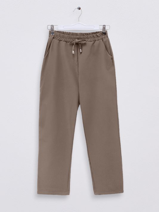 Beli Lastikli Çift Cepli Bağcık Detaylı Pantolon -Vizon