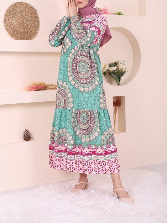 Parçalı Deseli Bağcıklı Kolu Lastikli Elbise -Yeşil