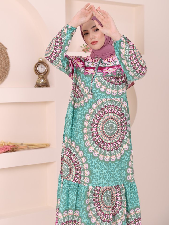 Parçalı Deseli Bağcıklı Kolu Lastikli Elbise -Yeşil