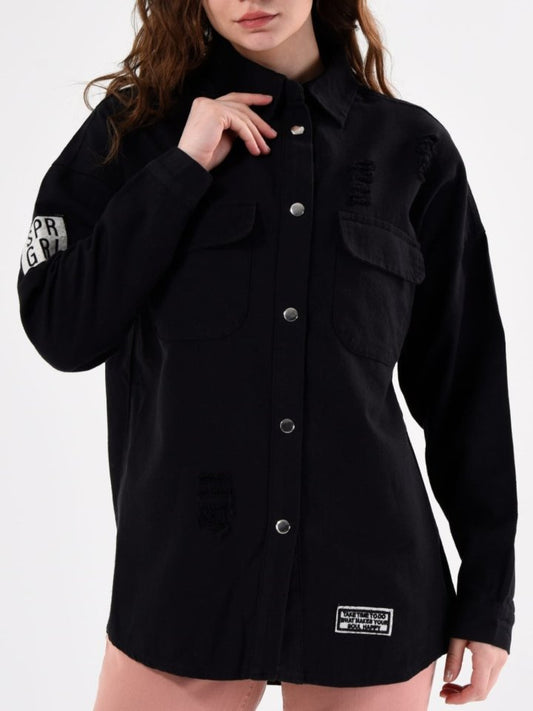 Boydan Çıtçıtlı Çift Cepli Yıpratma Detaylı Kot Ceket -Siyah