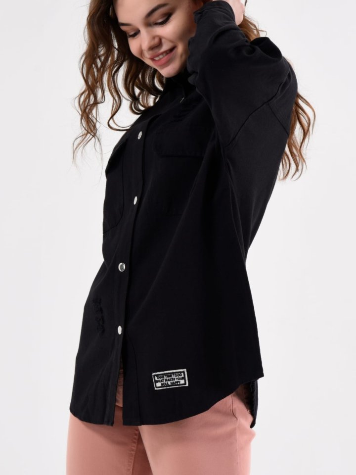 Boydan Çıtçıtlı Çift Cepli Yıpratma Detaylı Kot Ceket -Siyah