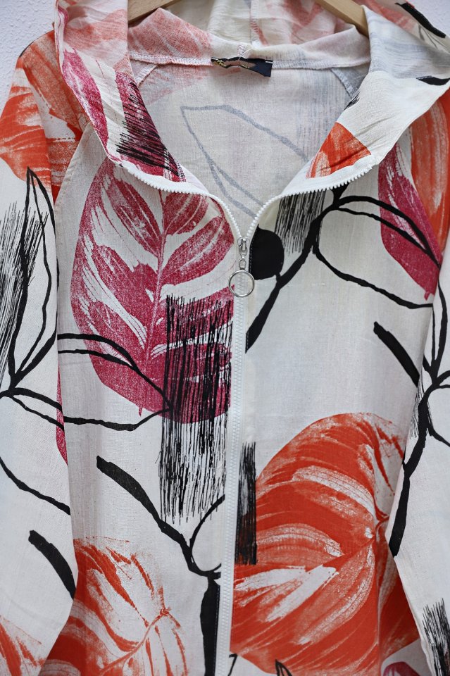 Desenli Fermuarlı Sabit Kapşonlu Keten Ceket -Turuncu