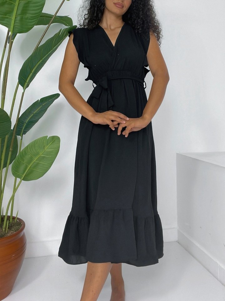 Omuzları Fırfırlı Sıfır Kol Beli Lastikli Bağcıklı Ayrobin Elbise -Siyah