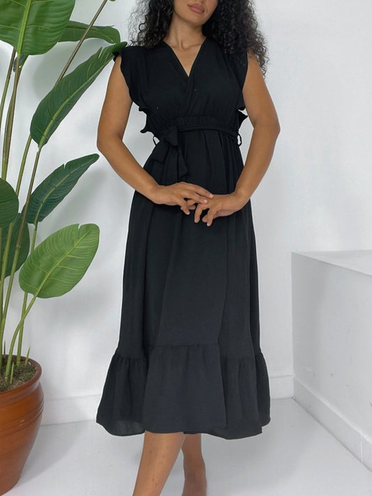 Omuzları Fırfırlı Sıfır Kol Beli Lastikli Bağcıklı Ayrobin Elbise -Siyah