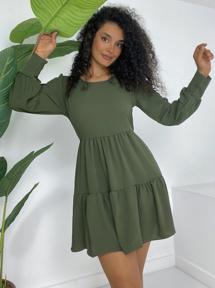 Yuvarlak Yaka Beli Lastikli Eteği Katlı Ayrobin Elbise -Haki