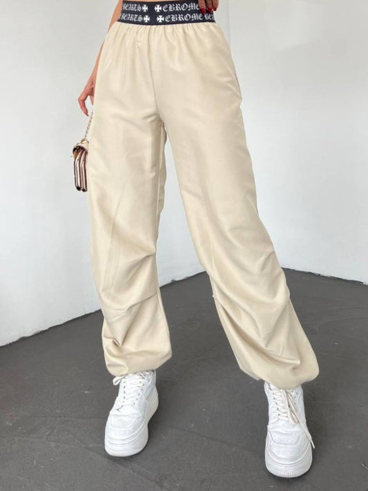 Beli Bantlı Paçası Lastikli Pantolon -Bej